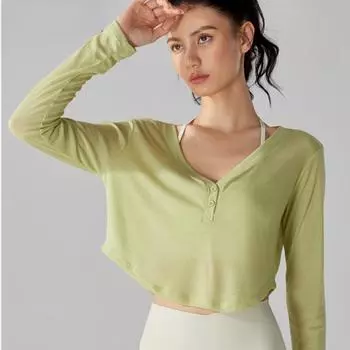 Женская блузка для йоги с длинным рукавом, свободная, дышащая, с V-образным вырезом, спортивная, быстросохнущая, для бега, фитнеса, одежда S чёрный