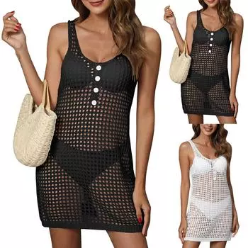 Женская блузка для пляжного отдыха с украшением на пуговицах, полая тканая рубашка, сексуальная майка, однотонное платье L чёрный