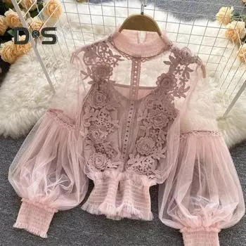 Женская блузка для вечеринки с цветочной аппликацией, прозрачной сеткой, рукавами-фонариками, тонкими кружевными сборками, эластичными манжетами, круглым вырезом, женская блузка на весну и осень серый