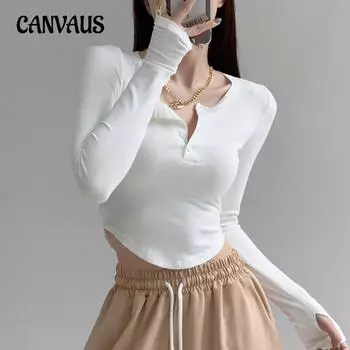 Женская блузка, футболка с длинными рукавами, весенне-осенняя однотонная рубашка с полуоткрытым воротником, тонкие короткие топы Spice Girls M чёрный