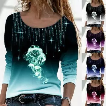 Женская блузка градиентного цвета с 3D принтом розы и длинными рукавами, осенняя блузка со стразами, уличная одежда M розы красного