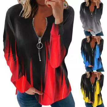 Женская блузка градиентного цвета с застежкой-молнией и v-образным вырезом, мягкая свободная осень с длинным рукавом 3XL серый