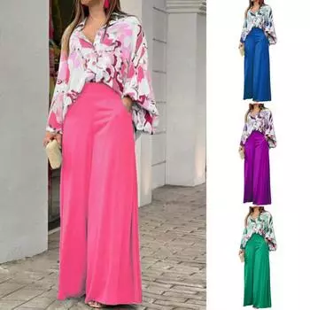 Женская блузка и брюки, комплект из 2 шт./компл., однотонные брюки с длинным рукавом, высокой талией, широкими штанинами и глубоким промежутком, летние топы, брюки, костюм, офисная одежда