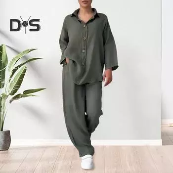 Женская блузка и брюки, комплект из 2 шт./компл., топ с лацканами и длинными рукавами больших размеров, свободные брюки с тонкой эластичной резинкой на талии, повседневная домашняя одежда, наряд на каждый день M розовый