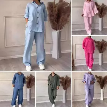 Женская блузка и брюки, комплект из 2 шт./компл., топ больших размеров с лацканами и длинными рукавами, широкие брюки, свободные брюки с эластичной резинкой на талии, повседневная домашняя одежда M розовый