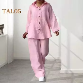 Женская блузка и брюки, комплект из 2 шт./компл., топ с лацканами и длинными рукавами больших размеров, свободные брюки с тонкой эластичной резинкой на талии, повседневная домашняя одежда, наряд на каждый день M розовый