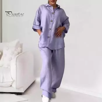 Женская блузка и брюки, комплект из 2 шт./компл., топ с лацканами и длинными рукавами больших размеров, свободные брюки с тонкой эластичной резинкой на талии, повседневная домашняя одежда, наряд на каждый день M розовый