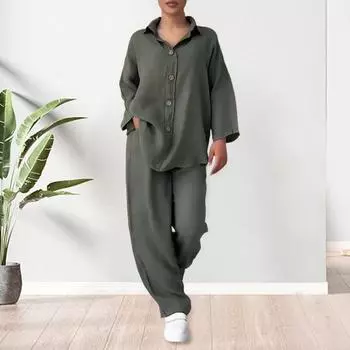 Женская блузка и брюки, комплект из 2 шт./компл., топ с лацканами и длинными рукавами больших размеров, свободные брюки с тонкой эластичной резинкой на талии, повседневная домашняя одежда, наряд на каждый день M розовый