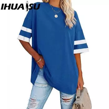 Женская блузка IHUASU, свободная, с коротким рукавом и круглым вырезом, цветной корсет, талия, большой размер, футболка для полных женщин S чёрный