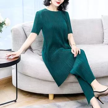 Женская блузка из двух предметов, лето 2022, женская темпераментная блузка среднего возраста с высокой талией и широкими брюками, повседневный костюм XL светло-фиолетовый