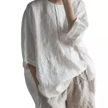 Женская блузка из хлопка и льна с круглым вырезом и коротким рукавом, свободный топ Baisc, 5 цветов, 8 размеров, топы, рубашки, блузки S чёрный