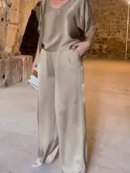 Женская блузка из синего сатина с V-образным вырезом и комплект брюк широкого кроя, повседневный элегантный наряд S