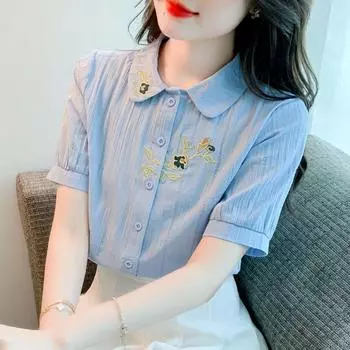 Женская блузка-кардиган большого размера, летняя рубашка-поло с воротником-стойкой, свободная повседневная рубашка из чистого хлопка с вышивкой, элегантный топ с пуговицами для женщин с коротким рукавом XXL синий