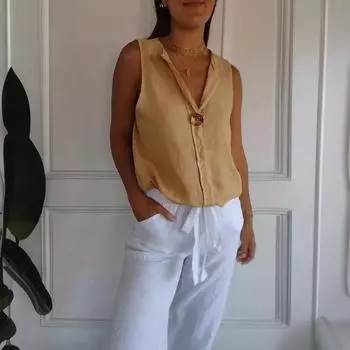 Женская блузка-кардиган с V-образным вырезом из хлопка и льна, повседневная рубашка без рукавов S зелёный