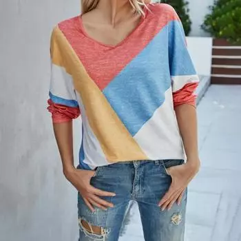 Женская блузка контрастного цвета с круглым вырезом, осенняя свободная футболка с цветным принтом