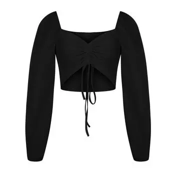 Женская блузка кроп-топ с V-образным вырезом на кулиске, присборенная, с длинными рукавами-фонариками и завязками сзади, сексуальная, облегающая, повседневная L чёрный