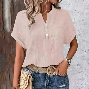 Женская блузка, Льняная блузка, Женская летняя льняная рубашка на пуговицах, Блузка с V-образным вырезом и короткими рукавами и карманами XL розовый