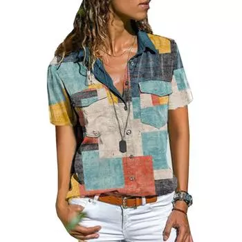 Женская блузка, летняя однобортная свободная повседневная рубашка с карманами и короткими рукавами с лацканами S