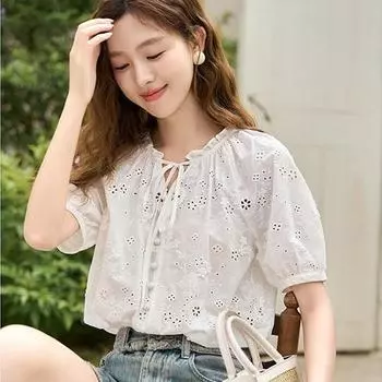 Женская блузка Mishow, новинка 2023 года, элегантный женский пуловер с вышивкой и оборками на шнуровке, топы MXC34C0019 S