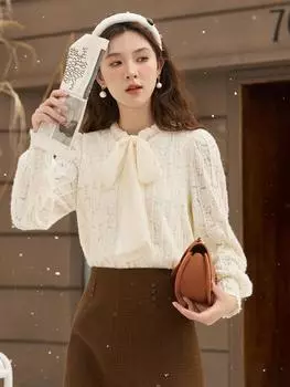 Женская блузка MISHOW, новинка 2024 года, дизайн с грибковым краем, однотонная повседневная кружевная одежда во французском стиле с длинными рукавами, топы MXC55X1369