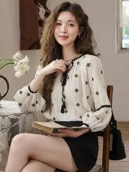 Женская блузка Mishow, новинка 2024 года, винтажный кружевной воротник с цветочным принтом и длинными рукавами, свободная повседневная универсальная одежда, топы MXD13X1358 S абрикосовый