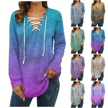 Женская блузка, модная свободная повседневная футболка с v-образным вырезом и длинными рукавами, топ L синий