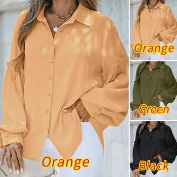 Женская блузка, модные элегантные рубашки, топы с длинными рукавами-фонариками, лето 2024, однотонные повседневные свободные блузки с лацканами, Femininas S зелёный