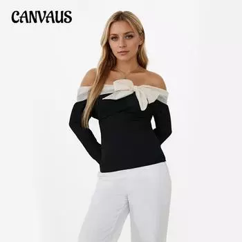 Женская блузка на одно плечо, пуловер с бантом, тонкий повседневный трикотажный топ M чёрный