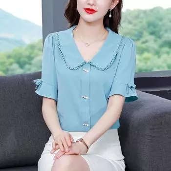 Женская блузка на пуговицах, летняя корейская однотонная синяя белая верхняя одежда, женская блузка с коротким рукавом для офиса с воротником Питер Пэн из шифона L белый