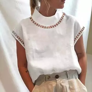 Женская блузка на пуговицах, однотонная летняя ажурная кофточка, свободные кружевные рубашки с коротким рукавом, топы и блузы для женщин XXXXL белый