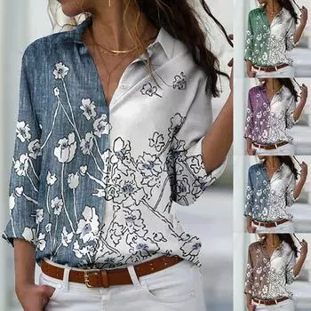 Женская блузка на пуговицах в стиле ретро, осенне-зимние топы с v-образным вырезом и длинным рукавом, повседневная уличная элегантная рубашка свободного размера с принтом нового дизайна 4XL синий