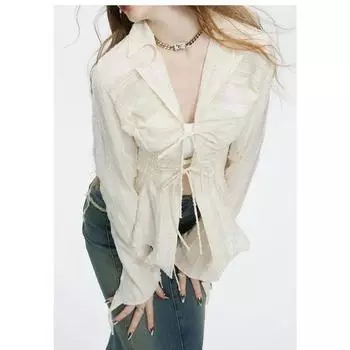 Женская блузка на шнуровке с длинным рукавом, новые рубашки с отложным воротником, женские укороченные топы, корейский модный шик S бежевый