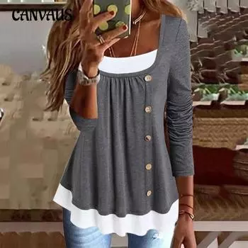 Женская блузка на весну и осень, повседневный пуловер с круглым вырезом и длинными рукавами, плиссированная однотонная женская футболка на пуговицах с цветными блоками S темно-серого