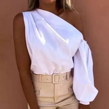 Женская блузка Нерегулярный однотонный пуловер на одно плечо Повседневная верхняя женская одежда L розовый