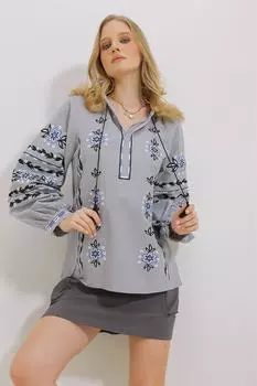 Женская блузка, новый сезон, модная серая хлопковая льняная блузка с вышитым воротником и кисточками