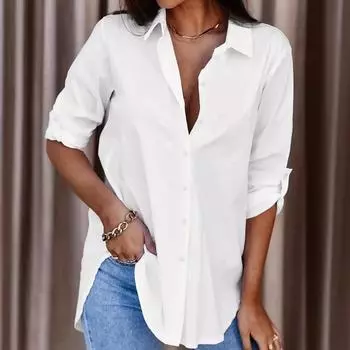 Женская блузка однотонная большого размера средней длины рубашка универсальные минималистичные рубашки XL белый