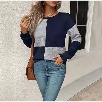 Женская блузка осень и зима с длинным рукавом повседневная элегантная для офиса пэчворк дизайн женская блузка S темно-синий