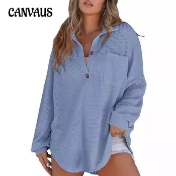 Женская блузка осень однотонная свободная зимняя вафельная с длинными рукавами трикотажный топ S чёрный