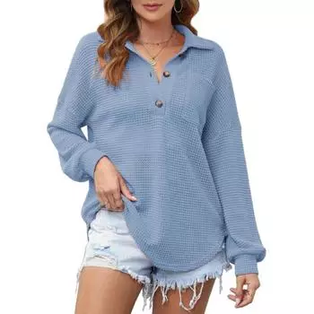 Женская блузка осень однотонная свободная зимняя вафельная с длинными рукавами трикотажный топ S чёрный