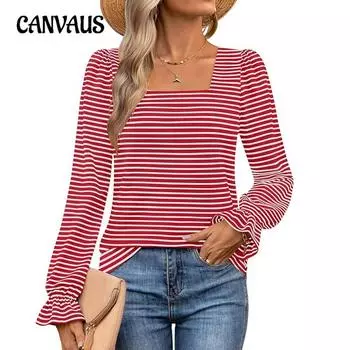 Женская блузка осень-зима квадратный вырез полосатый оборка длинный рукав топ S белый