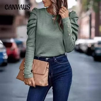 Женская блузка осень-зима с высокой эластичностью, круглым вырезом, облегающим рукавом-фонариком, длинным рукавом S чёрный