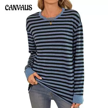 Женская блузка осенняя полосатая с круглым вырезом и длинными рукавами свободный топ S небесно-голубой