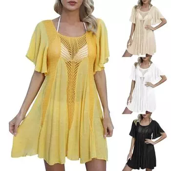 Женская блузка Пляжная блузка для отпуска с нестандартной большой юбкой Однотонное платье One Size чёрный