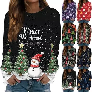 Женская блузка, повседневная футболка с длинными рукавами и принтом, пуловер с круглым вырезом, топ L фиолетовый