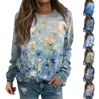 Женская блузка, повседневная футболка с длинными рукавами и принтом, реглан с круглым вырезом, топ XXL