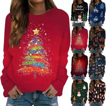 Женская блузка, повседневная футболка с длинными рукавами и принтом, пуловер с круглым вырезом, топ M синий