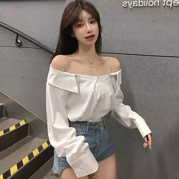 Женская блузка, повседневная футболка, свободная блузка с открытыми плечами и пуговицами спереди, с длинным рукавом, топ L