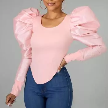 Женская блузка, повседневная лоскутная блузка с пышными рукавами, женская весенняя узкая блузка L жёлтый