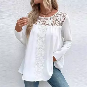 Женская блузка, повседневная, свободная, плиссированная, с ажурным кружевом, с круглым вырезом и длинным рукавом, футболка S белый
