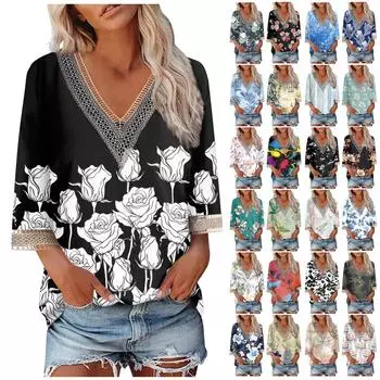 Женская блузка, повседневная, свободная, с рукавами 3/4, с кружевной отделкой, с принтом, V-образным вырезом, принтом, топы, футболки XXL